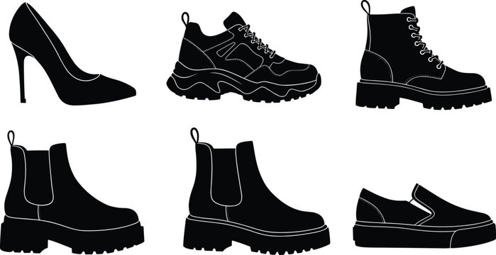 Shoes silhouette set, women high heels, chunky sneakers, lace up boots, chelsea boots and slip on shoes, vector illustration