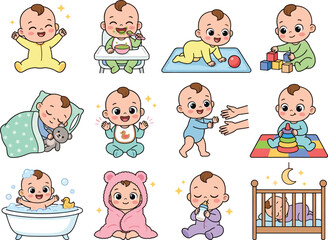 Fototapeta premium Cute baby daily activities collection featuring eating playing crawling sleeping bathing and learning moments in adorable cartoon vector style