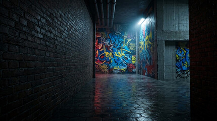 Naklejka premium Dark alleyway with graffiti art on concrete walls and brick, wet floor reflecting light, showcasing urban decay and vibrant street culture