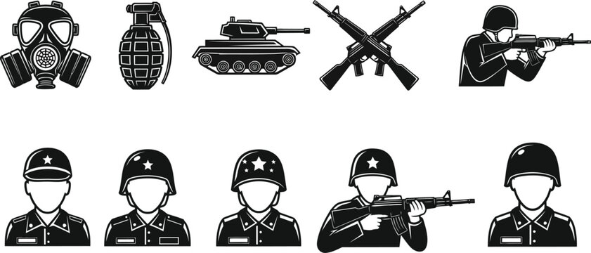 Silhouette Military and Warfare Icons Set for Design