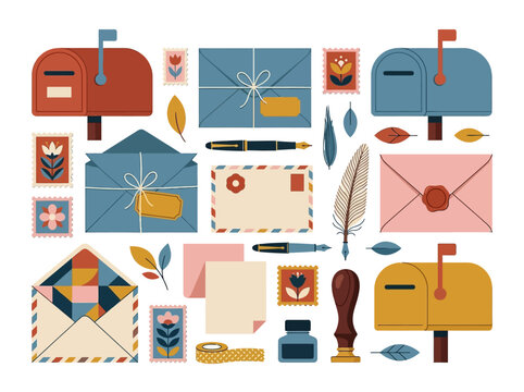 Flat Vector Illustration of Vintage Mailboxes, Envelopes, and Postal Stationery Set