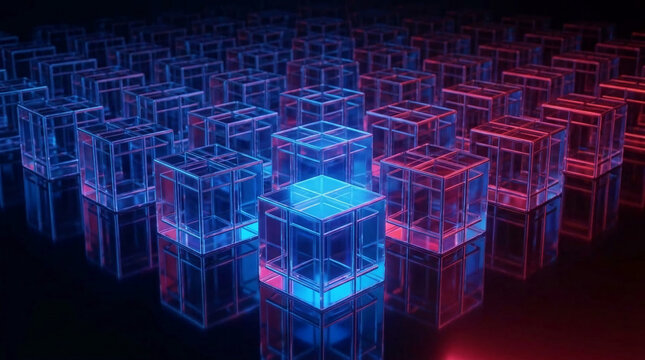 Rows of transparent glass cubes in blue and red light, creating a digital or abstract data visualization, symbolizing network, structure, and technology