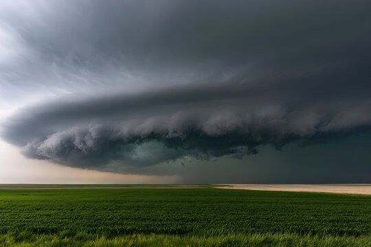 Massive Supercell Thunderstorm Approaching Over Green Agricultural Field.