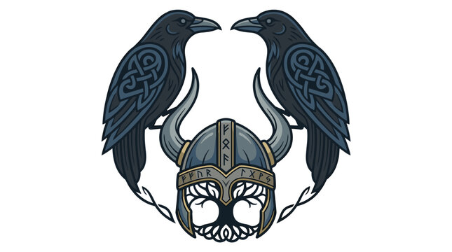 Viking Vector illustration of two ravens wearing a helmet