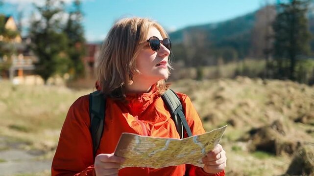 A woman is exploring and reading a map in an open field with mountains in the background, viewed from an over-the-shoulder perspective. The scene conveys a curious and adventurous mood.