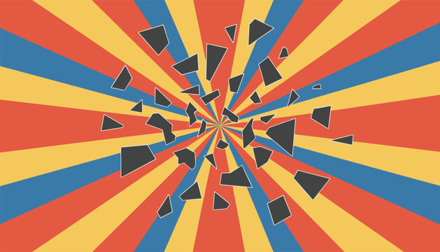Abstract retro background with dark geometric shards exploding from the center over a colorful sunburst pattern.