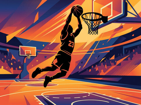 Basketball player dunking in vibrant dynamic sports illustration