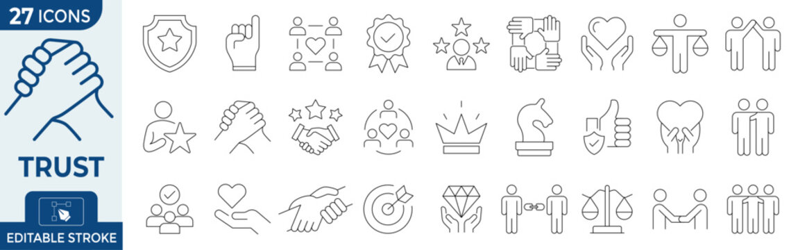 Trust and partnership line icons, set of 27 business integrity vector symbols, corporate ethics and collaboration outline signs for web design