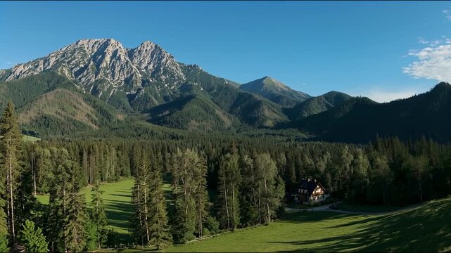 Majestic mountains tower over the forest and the valley  providing the backdrop for travel and country life.
