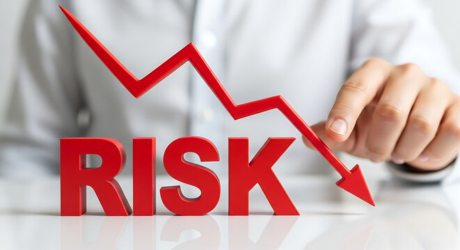 Hand touching a red downward arrow above the word Risk in a professional office setting