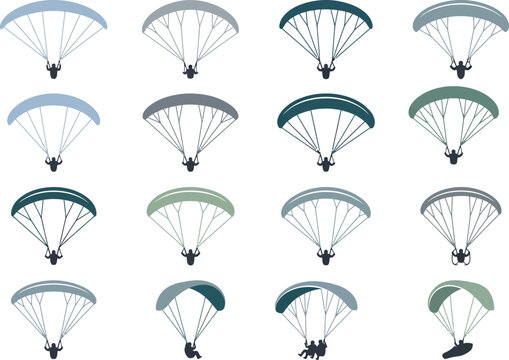 Set of flat vector paragliding icons showing various parachute designs for extreme air sports