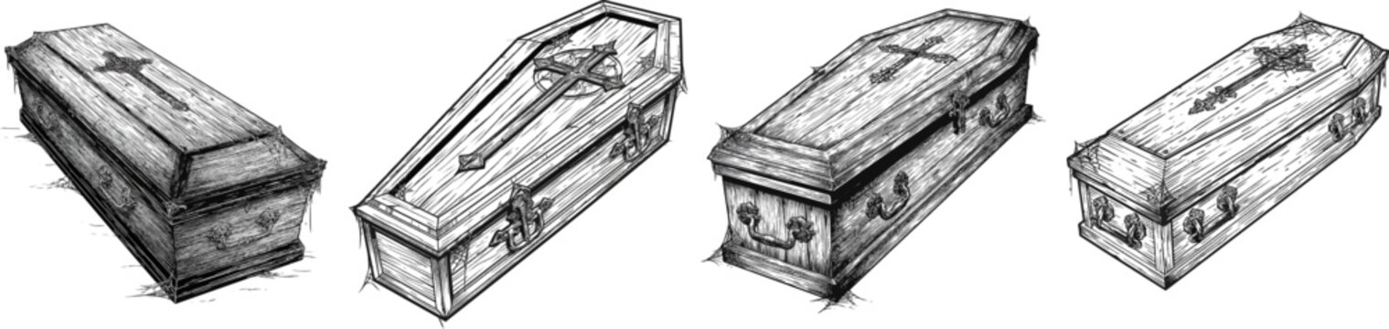 A gothic vampire coffin, adorned with ornate metallic handles and an engraved cross, lies isolated on a solid white background, its sharp black lines and bold contours capturing the eerie atmosphere