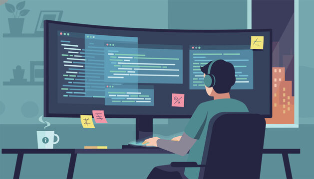 Software developer working at a desk in front of a giant curved computer monitor with lines of programming code.