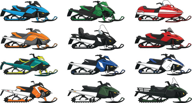 Set of flat vector snowmobiles in various colors and styles for winter sports design projects