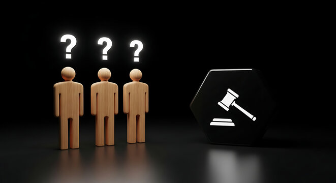 Wooden figures with question marks facing a legal gavel icon on black background