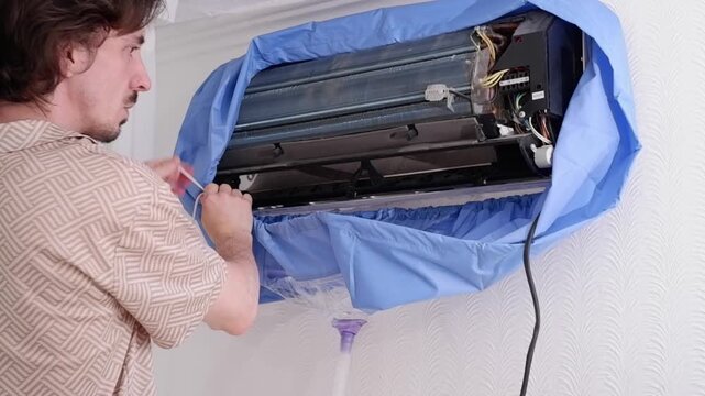 Professional handyman preparing a split system air conditioner for maintenance and deep cleaning