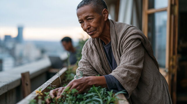 Ethiopian grandmother tends rooftop garden in Addis Ababa in September dusk, unaware that grandson is behind her on laptop participating in citizen science exoplanet transit