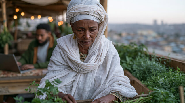 Ethiopian grandmother tends rooftop garden in Addis Ababa in September dusk, unaware that grandson is behind her on laptop participating in citizen science exoplanet transit
