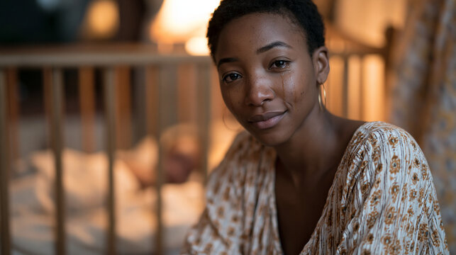 Nigerian new mother sitting in a dimly lit nursery at 3am, infant asleep in a crib, tears streaking her face as she stares blankly at the wall, the emotional weight of postpartum