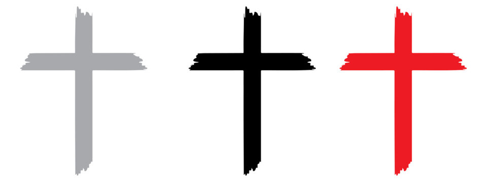 Cross  brush stroke silhouettes, clipart, symbol, icon vector illustration. PNG. Editable stroke. cross for Ash Wednesday card, poster, banner, post, wishes with grunge Christian cross.