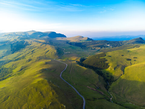 Aerial view of the TransBucegi highway and the Bucegi Mountains plateau - Romania