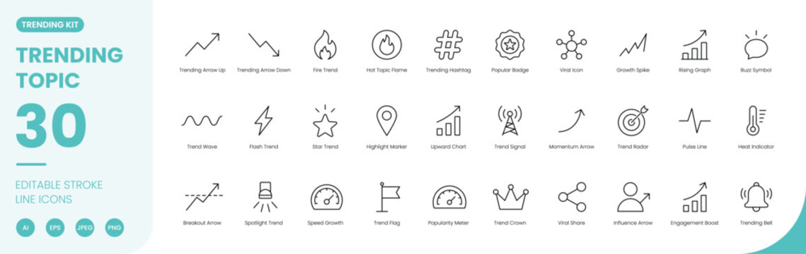 trending and hot topic icon line style viral social media editable stroke vector set