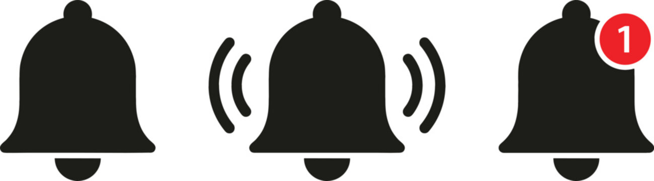 Notification Bell Icon Set with Silent Ringing and Unread Alert Badge Vector Illustration Collection