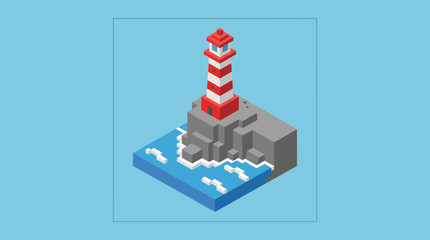 Lighthouse on Rocky Cliff Isometric Icon © Bima