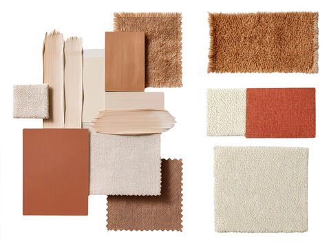 Interior design mood board with terracotta beige fabric swatches wood paint samples