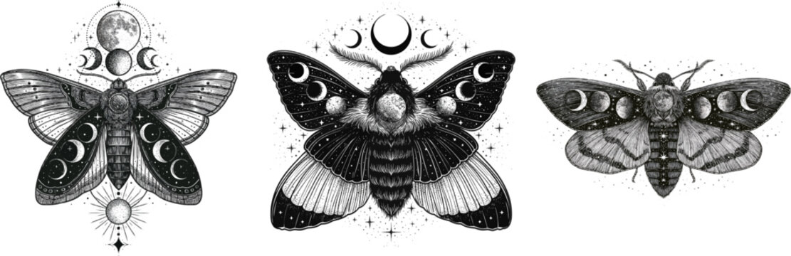A mystical moth adorned with intricate moon phases and starry patterns stands against a solid white background, exuding an ethereal aura of celestial beauty