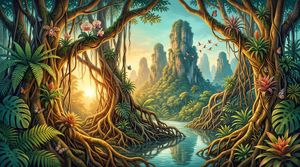 Obraz premium Lush tropical jungle landscape with winding river, ancient banyan trees, exotic flowers, and distant jagged limestone karst mountains at sunset