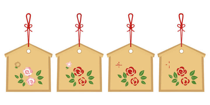 Four Wooden Ema Votive Plaques With Floral Decorations Vector Illustration