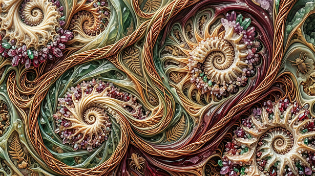 Intricate fractal patterns with spiraling ammonite shells, gemstone clusters, and organic woven vine textures in earthy tones