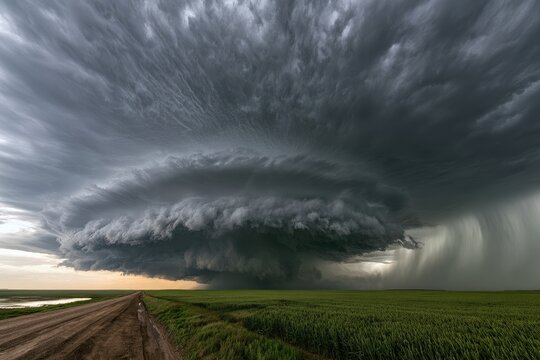 Massive Supercell Thunderstorm with Rotating Wall Cloud Over Rural Landscape.