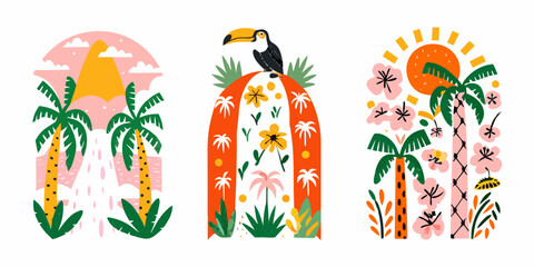 Tropical Scenes With Palm Trees And Sun Flat Vector Illustration © bashanti
