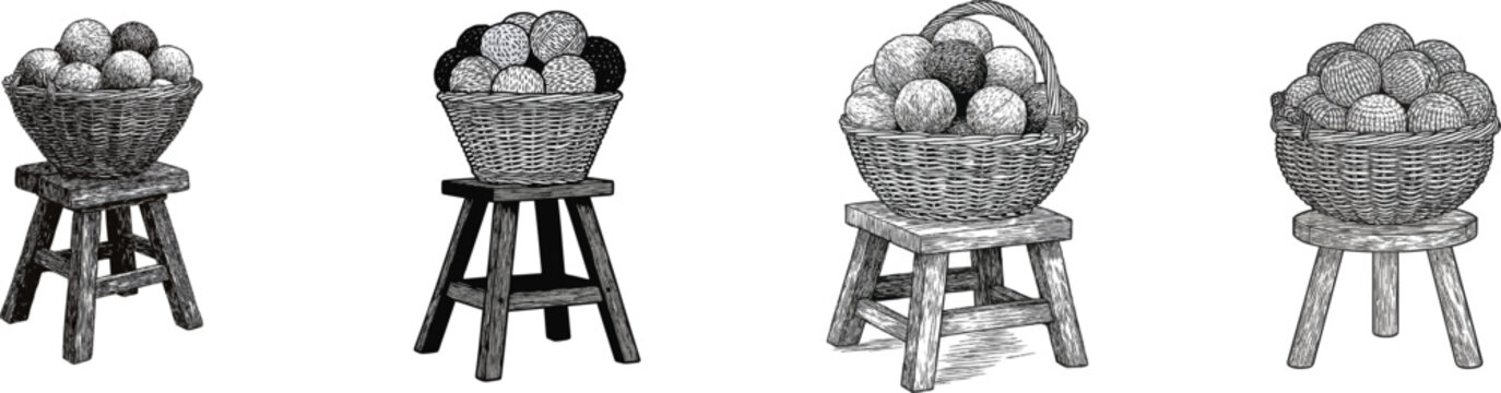 A rustic wooden stool with three legs supports a wicker basket brimming with textured yarn balls against a stark white background