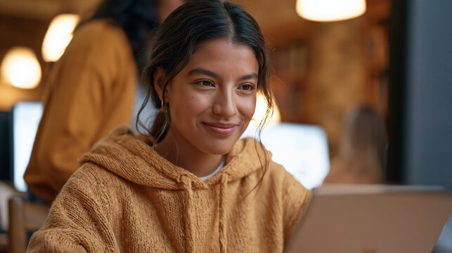Peruvian woman using AI-powered screen reader and gesture recognition accessibility tablet to navigate government services portal independently at public library terminal,