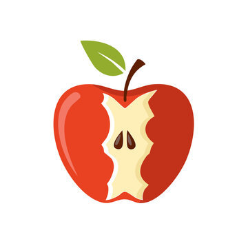 Flat vector illustration of a bitten red apple with leaf
