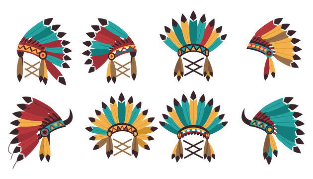 Collection of colorful Native American indian feather war bonnets and headdresses in various traditional ethnic styles.