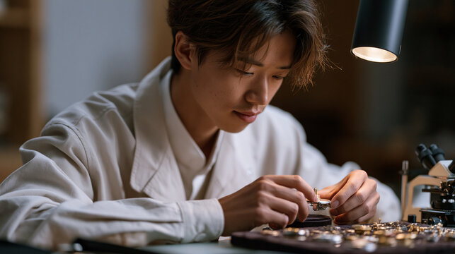 Korean aerospace clockmaker examines ultra-precise atomic timekeeping mechanism under bench magnifier inside hushed workshop, space-rated components aligned on velvet tray,
