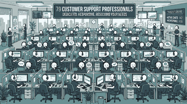 Busy customer support call center office with many agents