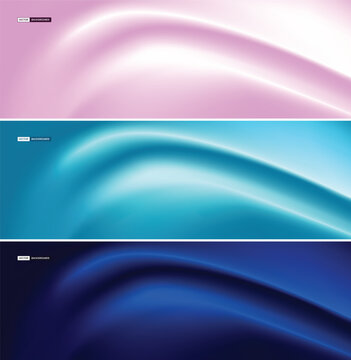 Set of abstract horizontal backgrounds featuring smooth, flowing waves in soft pink, cyan, and deep blue color gradients.