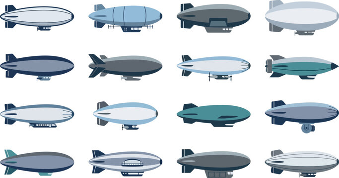 Set of various airship and zeppelin designs in a flat vector style for historical aviation art