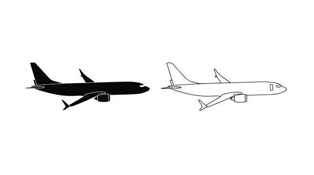 Airplane silhouette and outline vector set, commercial passenger aircraft side view icons, minimalist jet plane flight symbols for travel design