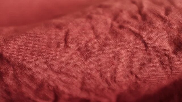 Premium terracotta red linen or hemp fabric texture. Rustic wrinkles, natural organic pattern, and rich earthy red tones. Ideal for abstract textile design, slow fashion concepts, eco-friendly apparel