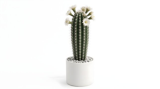 An ornamental cactus topped with small white blooms in a white pot.
