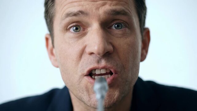 Close up of a serious man in a suit speaking intensely directly into a microphone, political announcement and public broadcasting concept