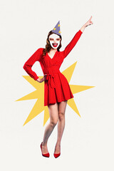 Fototapeta premium Woman in red polka dot dress wearing a party hat and mask celebrating with a bold pop art starburst background