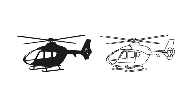 Helicopter vector icons set, black silhouette and thin line art chopper illustrations, modern rotary wing aircraft for aviation and transport design