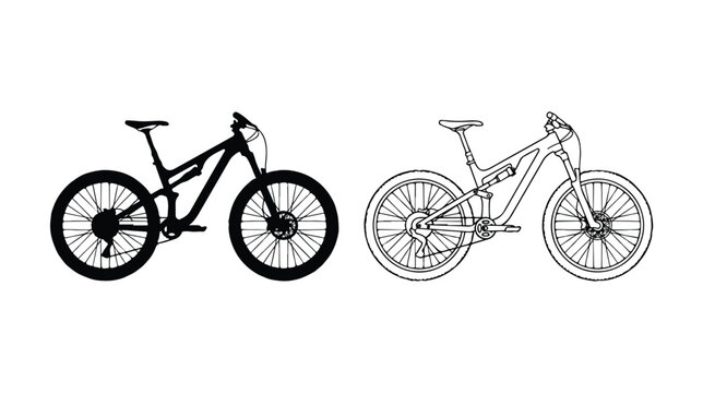 Mountain bike vector silhouettes and line art icons, full suspension downhill bicycle set, professional mtb cycling equipment for outdoor sports